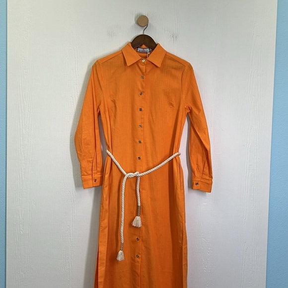 CK Bradley - NWT Orange Button Down Long Sleeve Rope Belt Slit Maxi Dress Large - Picture 10 of 14